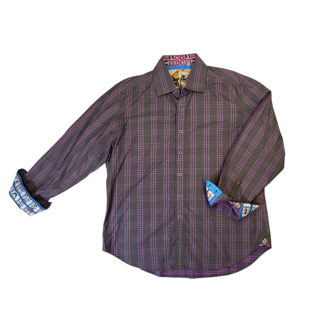 Robert Graham Shirt Men's XL Green Purple Check L/S Button Up Flip Cuff Mustache